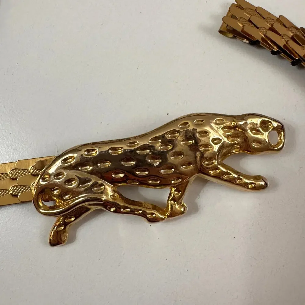 Vintage Women's Elastic Belt Black Gold Tone Dragon Scale Cheetah Brass Buckle